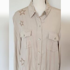 Blue B Collection Western Star Embroidered Button Up Shirt Blouse Tan/Gold S